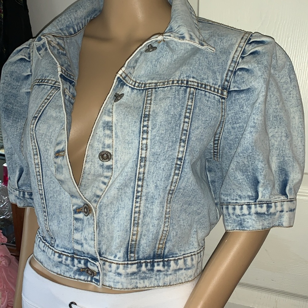 short Puff sleeve acid wash denim jean jacket M L